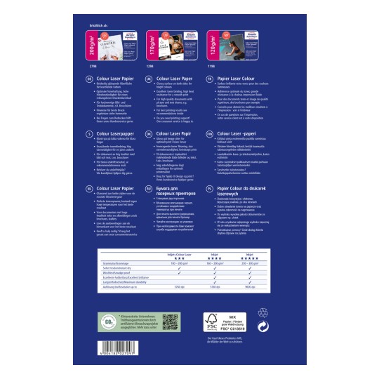 Изображение показывает заднюю обложку упаковки лазерной цветной бумаги с описаниями на нескольких языках ее характеристик, спецификаций и рекомендаций по использованию для печати документов и брошюр.