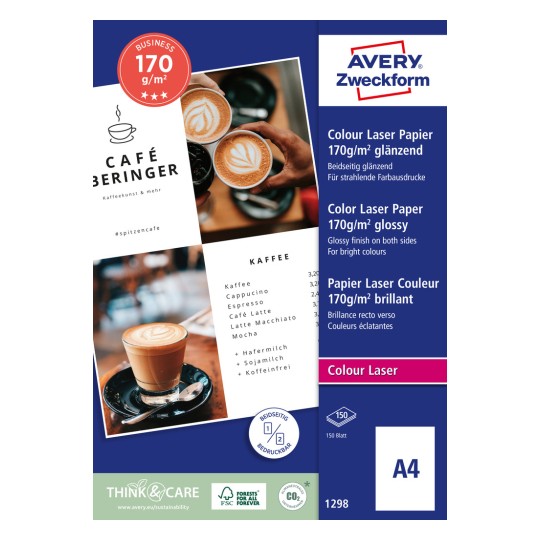 Изображение упаковки: Avery Zweckform, артикул: 1298, формат: 210 x 297 мм, совместимость с печатью: цветной лазер, лазер ч/б, копиры, содержание: 150 листов.