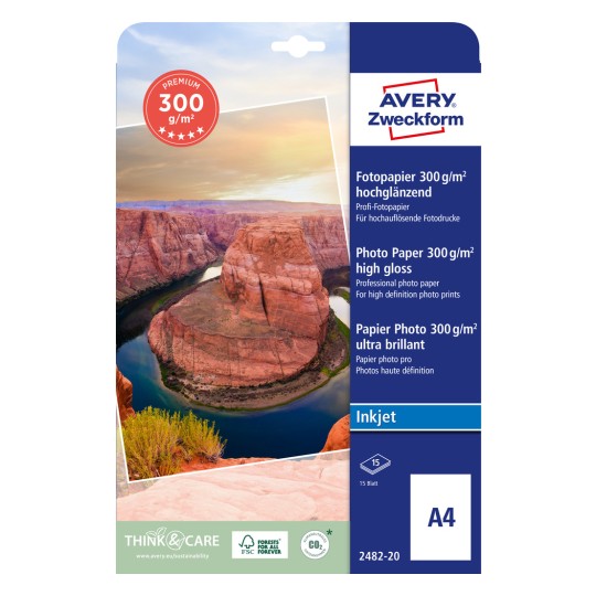 Упаковочное изображение: Avery Zweckform Premium Inkjet фото-бумага, артикул: 2482-20, формат: 210 x 297 мм, пригодность для печати: Inkjet, содержимое: 15 листов.