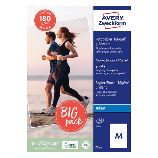 Изображение упаковки: Avery Zweckform Classic Inkjet фотобумага, Артикул: 2496, Формат: 210 x 297 мм, Для печати: струйный принтер, Содержание: 100 листов.