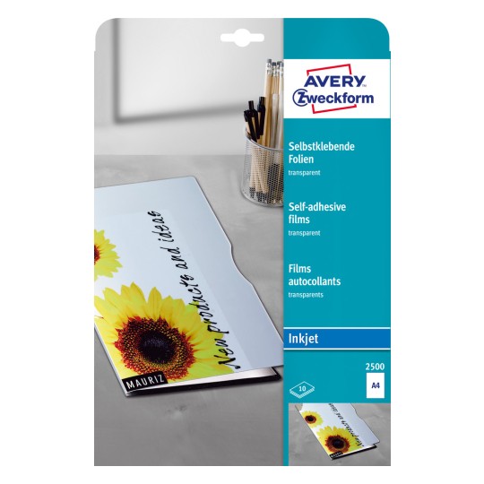 Упаковка: Avery Zweckform прозрачные самоклеящиеся пленки, артикул: 2500, формат: 210 x 297 мм, пригодность для печати: струйный принтер, содержание: 10 листов.