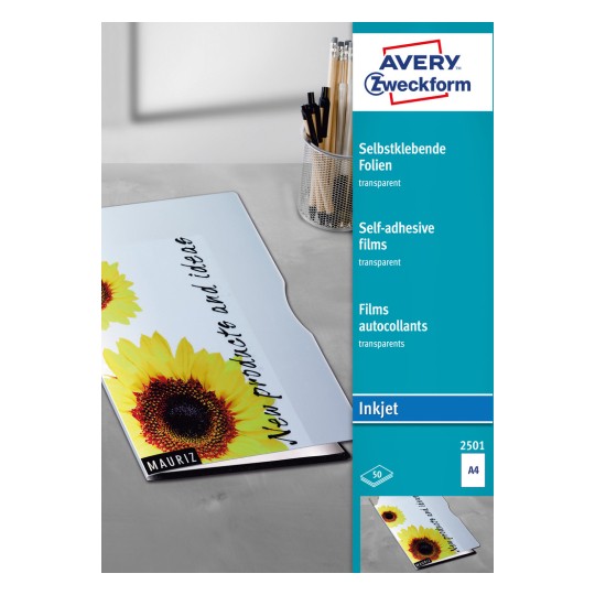 Упаковка: Avery Zweckform Прозрачные самоклеящиеся пленки, Артикул: 2501, Формат: 210 x 297 мм, Подходит для печати: Inkjet, Содержание: 50 листов.