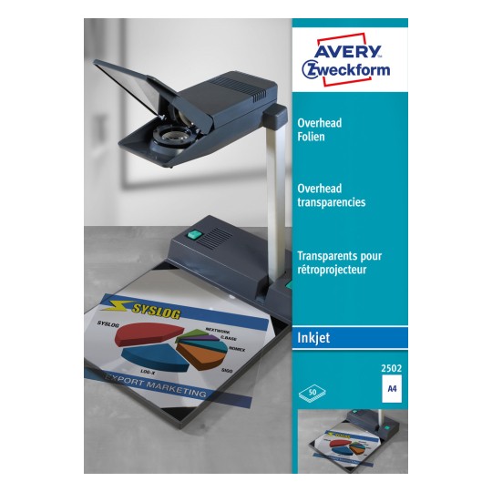 Изображение упаковки: Avery Zweckform, плёнка для презентаций, статья: 2502, формат: 210 x 297 мм, подходит для печати: струйный принтер, содержание: 50 листов.