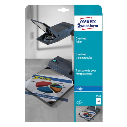 Изображение на упаковке: Avery Zweckform Overhead Folie, Артикул: 2503, Формат: 210 x 297 мм, Подходит для печати: струйный принтер, Содержимое: 10 листов.