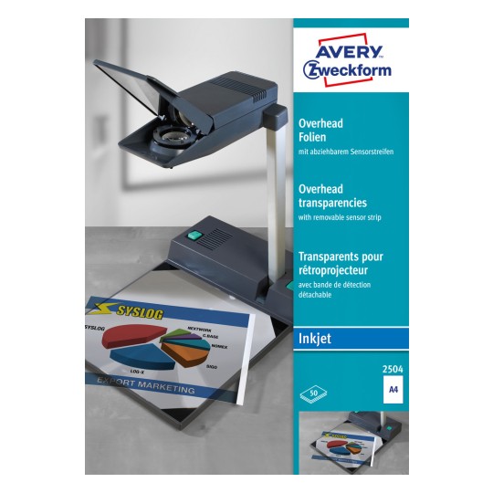 Изображение упаковки: Avery Zweckform Overhead Folie, Артикул: 2504, Формат: 210 x 297 мм, Подходит для печати: Inkjet, Содержание: 50 листов.