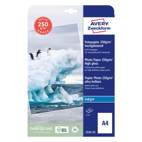 Упаковка: фотобумага Avery Zweckform Premium Inkjet, артикул: 2556-20, формат: 210 x 297 мм, подходит для: струйной печати, содержимое: 20 листов.