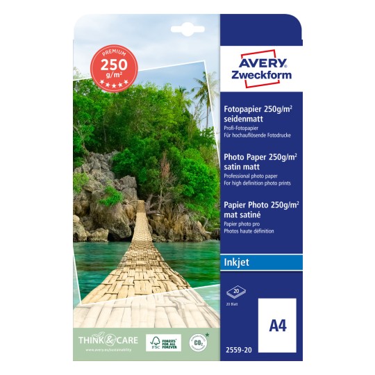 Изображение упаковки: Avery Zweckform Premium Inkjet Фото-Бумага, Артикул: 2559-20, Формат: 210 x 297 мм, Подходит для принтера: Inkjet, Содержимое: 20 листов.