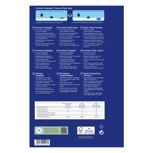Изображение показывает обратную сторону упаковки с фотобумагой премиум-класса, с описанием её характеристик на нескольких языках. Включена информация о качестве печати, совместимости с струйными принтерами и обслуживании клиентов. Каждый языковой раздел описывает характеристики бумаги, рекомендации по печати и технические спецификации, такие как разрешение и вес.