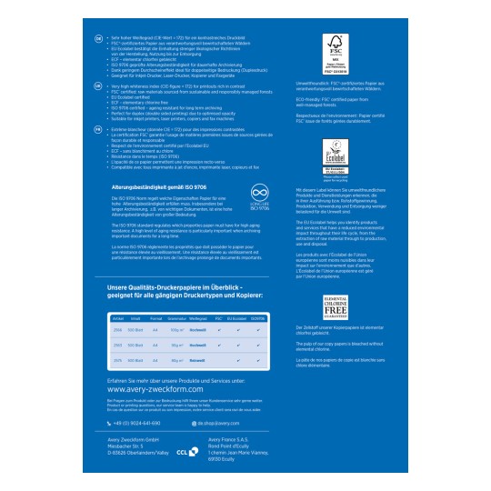 Изображение содержит информацию о высококачественной бумаге для печати, включая такие сертификаты, как FSC и EU Ecolabel. Обсуждаются свойства бумаги, такие как яркость, устойчивость к старению и пригодность для различных типов печати, а также приводится список конкретных бумажных продуктов и их характеристик.