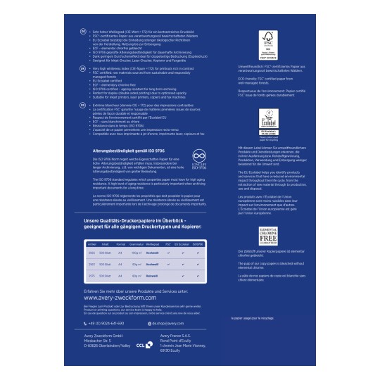 Изображение представляет собой подробный обзор качественной бумаги для принтеров от Avery Zweckform. Оно включает информацию о таких сертификациях, как FSC и Экологический знак ЕС, характеристиках бумаги и устойчивости к старению в соответствии с ISO 9706. Также имеются подробности о различных типах бумаги, их форматах, плотности и рекомендуемом использовании для различных методов печати.