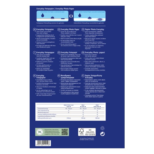 Изображение содержит информацию о повседневной фотобумаге, включая её характеристики, рекомендации по печати и спецификации на нескольких языках.