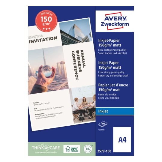 Изображение упаковки: Avery Zweckform, артикул: 2579-100, формат: 210 x 297 мм, совместимость с принтером: струйный, содержимое: 100 листов.
