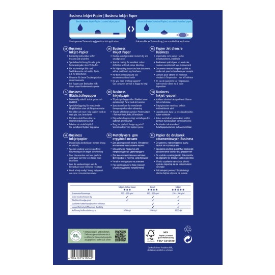 Изображение представляет собой информационный лист продукта для офисной струйной бумаги, где указаны характеристики на различных языках, включая немецкий, английский, французский, датский, финский, голландский, русский и польский. Включена информация о качестве печати, особенностях и вариантах поддержки клиентов, а также таблица, сравнивающая различные типы струйной бумаги.