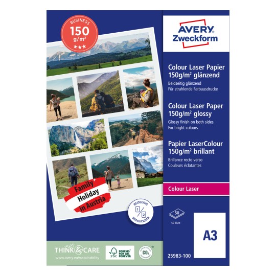 Изображение упаковки: Avery Zweckform, Артикул: 25983-100, Формат: 297 x 420 мм, Подходит для печати: цветной лазер, лазер ч/б, копиры, Содержимое: 50 листов.