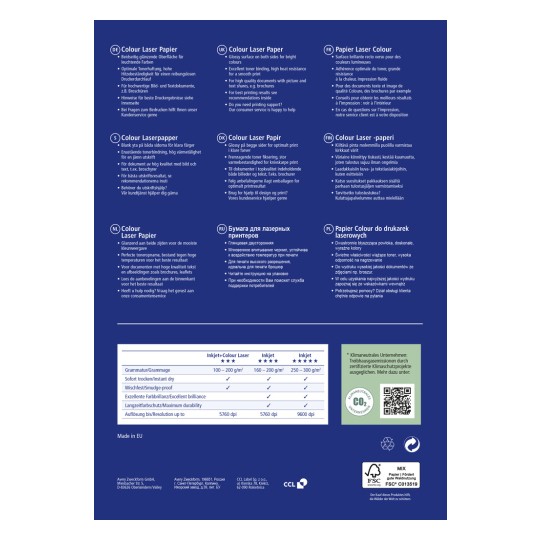 На этом изображении представлена информация о цветной лазерной бумаге, включая описания на нескольких языках, касающиеся ее свойств, применения и технических характеристик. Подчеркиваются такие особенности, как глянцевая поверхность, идеальная для печати ярких цветов, и предоставляются рекомендации по совместимости с струйными принтерами, спецификации, а также поддержка клиентов.