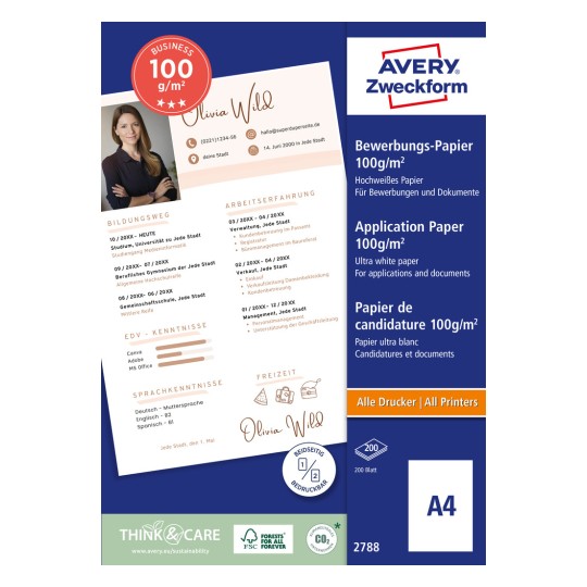 Изображение упаковки: Avery Zweckform, Артикул: 2788, Формат: 210 x 297 мм, Подходит для: всех типов принтеров, Содержание: 200 листов/пачка?