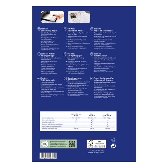 Изображение отображает различные типы бизнес-бумаги, описывая их качества, использование и спецификации на нескольких языках.