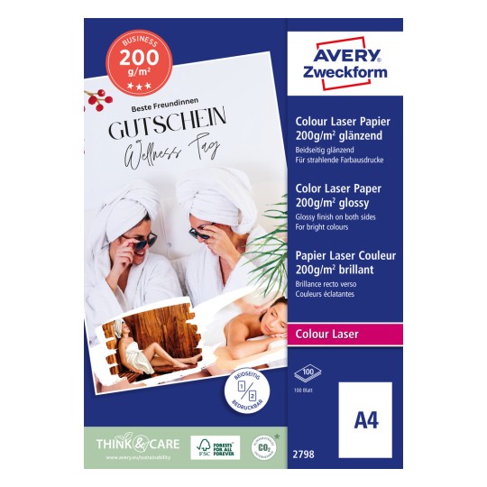 Изображение упаковки: Avery Zweckform, артикул: 2798, формат: 210 x 297 мм, для печати: цветной лазер, черно-белый лазер, копировальный аппарат, содержание: 100 листов, /лист?