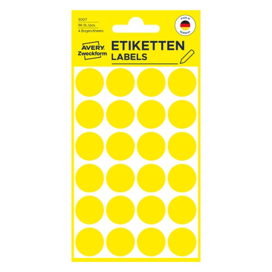 Изображение упаковки: Avery Zweckform Цветные маркеры-точки, артикул: 3007, формат: ⌀ 18 мм, содержимое: 96 маркеров/4 листа, 24 маркера/лист.