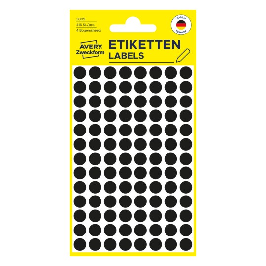 Изображение упаковки: Avery Zweckform Цветные отметочные точки, Артикул: 3009, Формат: ⌀ 8 мм, Содержание: 416 отметочных точек / 4 листа, 104 отметочных точки/лист.