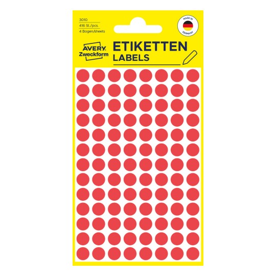 Изображение упаковки: Avery Zweckform цветные маркеры-точки, артикул: 3010, формат: ⌀ 8 мм, содержимое: 416 маркеров-точек / 4 листа, 104 маркера-точки/лист.