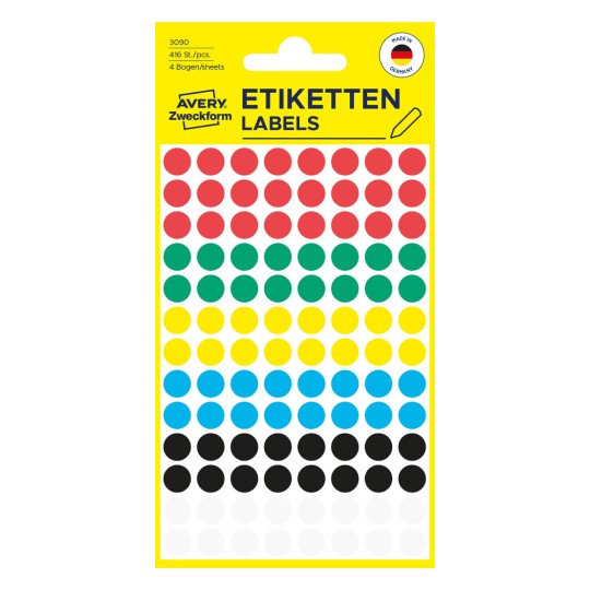 Изображение упаковки: Avery Zweckform Цветные маркерные точки, Артикул: 3090, Формат: ⌀ 8 мм, Содержимое: 416 маркерных точек / 4 листа, 104 маркерных точки/лист.