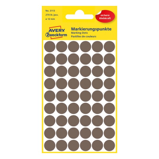 Изображение упаковки: Avery Zweckform цветные метки, артикул: 3113, формат: ⌀ 12 мм, содержимое: 270 меток / 5 листов, 54 метки/лист.