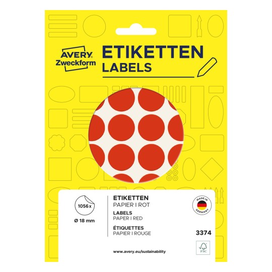 Изображение упаковки: Avery Zweckform Цветные маркеры, Артикул: 3374, Формат: ⌀ 18 мм, Содержимое: 1 056 маркеров / 22 листа, 48 маркеров/лист.