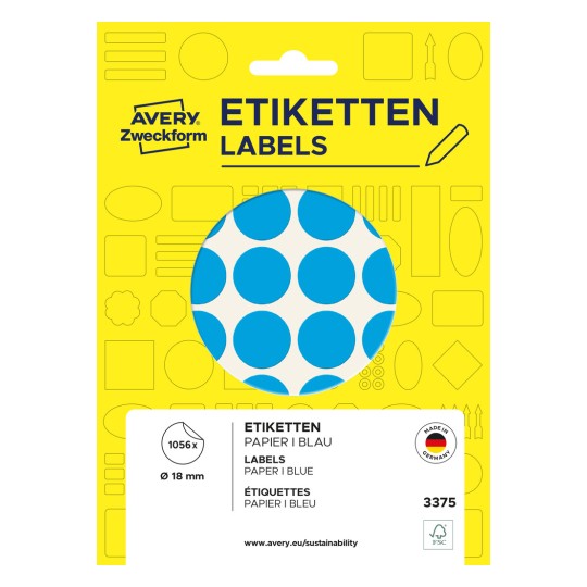 Изображение упаковки: цветные маркировочные точки Avery Zweckform, артикул: 3375, формат: ⌀ 18 мм, содержимое: 1 056 маркировочных точек / 22 листа, 48 маркировочных точек/лист.