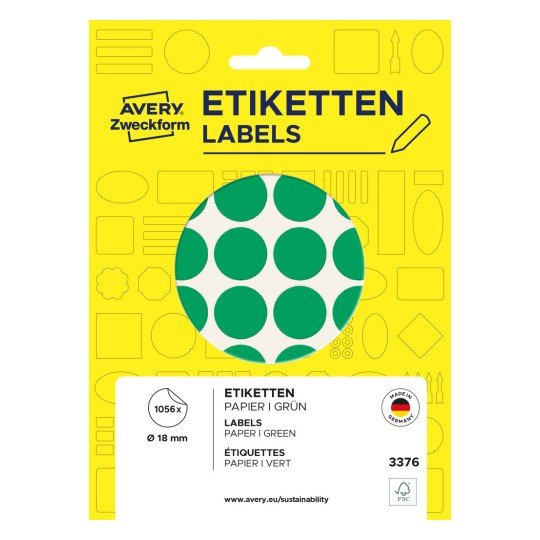 Изображение упаковки: Avery Zweckform цветные маркеры-точки, артикул: 3376, формат: ⌀ 18 мм, содержание: 1 056 маркеров-точек / 22 листа, 48 маркеров-точек/лист.