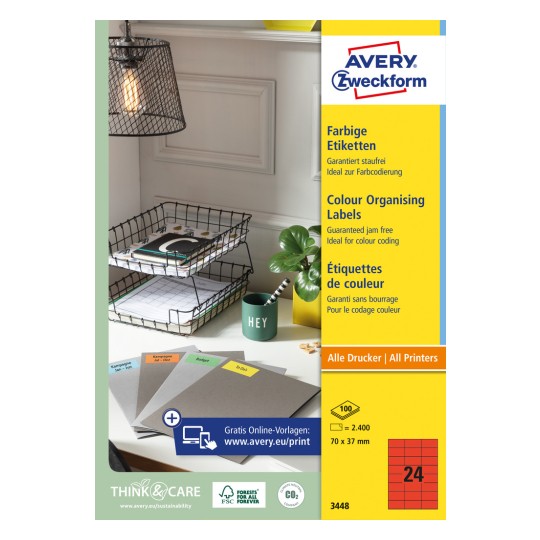 Изображение упаковки: Avery Zweckform цветные этикетки, постоянно липкие, артикул: 3448, формат: 70 x 37 мм, подходит для печати: струйный, лазерный черно-белый, цветной лазер, содержание: 2400 этикеток / 100 листов, 24 этикетки на лист.