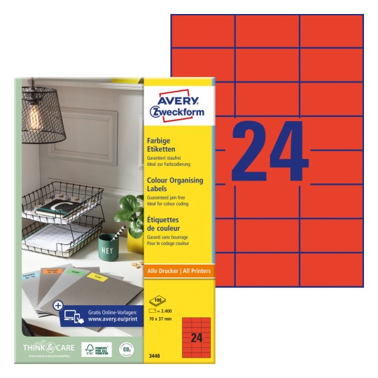 Упаковка с листами этикеток: Avery Zweckform цветные этикетки, статья: 3448, формат: 70 x 37 мм, пригоден для печати: струйные, черно-белые лазерные, цветные лазерные, содержание: 2.400 этикеток / 100 листов, 24 этикетки/лист.