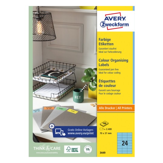 Упаковка: Avery Zweckform Цветные этикетки, постоянно клеящиеся, артикул: 3449, формат: 70 x 37 мм, подходит для печати: струйный, лазерный черно-белый, цветной лазерный, содержание: 2 400 этикеток / 100 листов, 24 этикетки/лист.