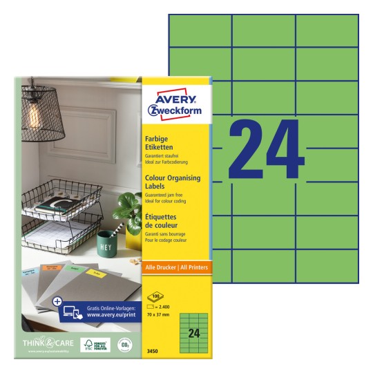 Изображение упаковки с листом этикеток: Avery Zweckform Цветные этикетки, Артикул: 3450, Формат: 70 x 37 мм, Подходит для печати: струйная, черно-белый лазер, цветной лазер, Содержимое: 2400 этикеток / 100 листов, 24 этикетки/лист.