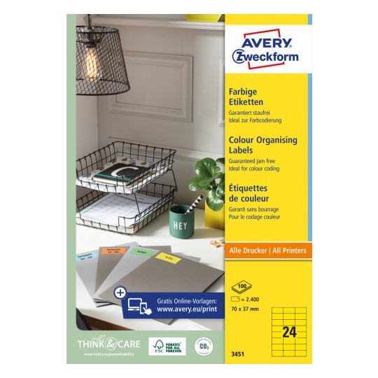 Изображение упаковки: Avery Zweckform цветные этикетки, постоянная адгезия, артикул: 3451, формат: 70 x 37 мм, для печати: струйный принтер, лазерный черно-белый, цветной лазерный, содержание: 2400 этикеток / 100 листов, 24 этикетки/лист.