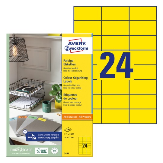 Упаковка с листом этикеток: Avery Zweckform Цветные этикетки, артикул: 3451, формат: 70 x 37 мм, пригодны для печати: струйная, лазерная черно-белая, цветная лазерная, содержание: 2.400 этикеток / 100 листов, 24 этикетки/лист.
