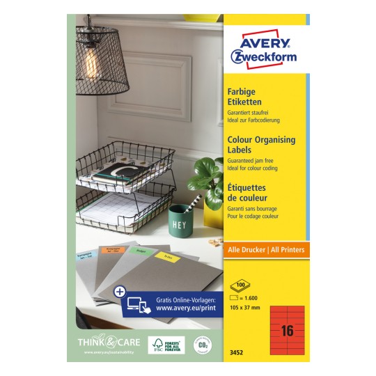 Изображение упаковки: Avery Zweckform Цветные этикетки, с постоянной клейкостью, артикул: 3452, формат: 105 x 37 мм, пригодны для принтеров: струйных, лазерных ч/б, цветных лазерных, содержание: 1600 этикеток / 100 листов, 16 этикеток/лист.