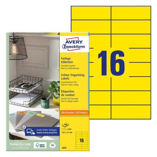 Упаковка с листом этикеток: Avery Zweckform цветные этикетки, артикул: 3455, формат: 105 x 37 мм, пригодность для печати: струйный принтер, черно-белый лазер, цветной лазер, содержание: 1 600 этикеток / 100 листов, 16 этикеток на лист.