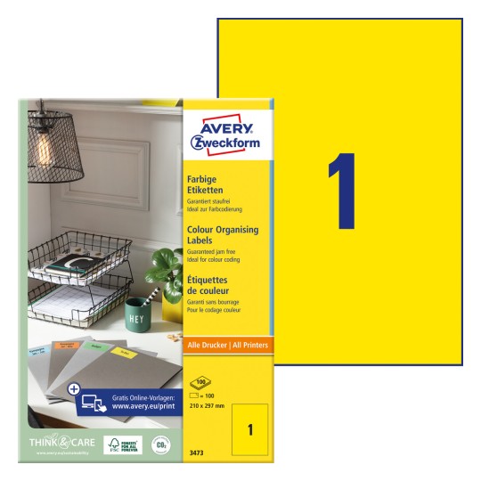 Упаковка с листом этикеток: Avery Zweckform Цветные этикетки, Артикул: 3473, Формат: 210 x 297 мм, Совместимость с принтером: струйный, лазерный черно-белый, цветной лазерный, Содержимое: 100 этикеток / 100 листов, 1 этикетка/лист.