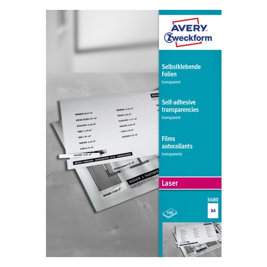 Упаковочная картинка: Avery Zweckform Прозрачные самоклеящиеся пленки, Артикул: 3480, Формат: 210 x 297 мм, Подходит для принтера: цветной лазер, лазер черно-белый, копировальный аппарат, Содержание: 100 листов.