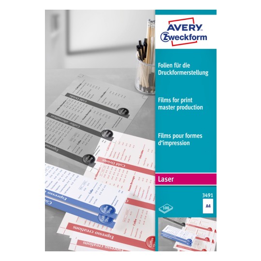 Упаковка: Avery Zweckform лазерная пленка для изготовления печатных форм, артикул: 3491, формат: 210 x 297 мм, пригодность для печати: черно-белый лазер, содержание: 100 листов.