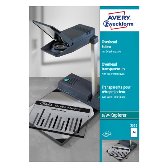 Изображение упаковки: Avery Zweckform пленки для проектора для чёрно-белых копиров, артикул: 3555, формат: 210 x 297 мм, пригодность для печати: копировальные аппараты, содержание: 100 листов, /лист?