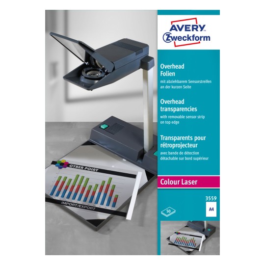 Изображение упаковки: Avery Zweckform пленки для проекторов для цветных лазерных принтеров и копиров, артикул: 3559, формат: 210 x 297 мм, предназначение для печати: цветные лазерные принтеры, содержание: 50 листов.