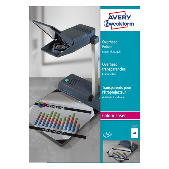 Изображение упаковки: Avery Zweckform прозрачные пленки для цветных лазерных принтеров и копиров, артикул: 3561, формат: 210 x 297 мм, подходящая печать: цветной лазерный принтер, содержимое: 50 листов.