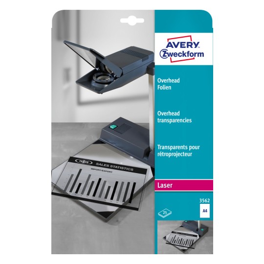 Изображение упаковки: Avery Zweckform пленки для проекторов для черно-белых лазерных принтеров и копиров, артикул: 3562, форматом 210 x 297 мм, совместимость с принтерами: черно-белый лазер, копиров, содержание: 25 листов.