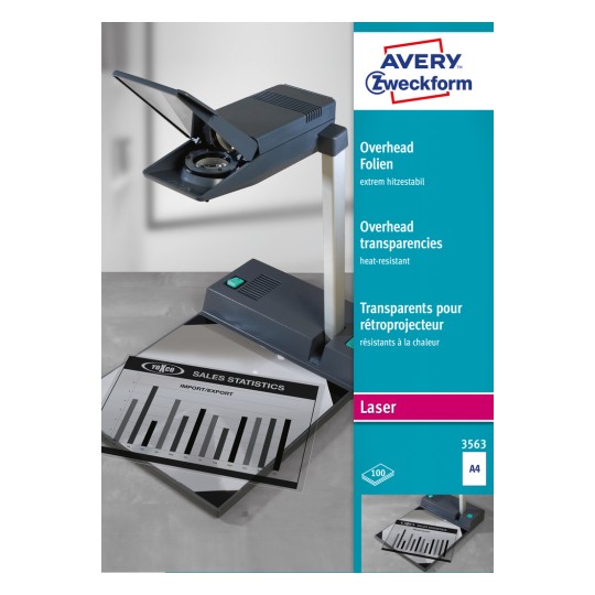 Упаковочное изображение: пленки для оверхед-проекторов Avery Zweckform для черно-белых лазерных принтеров и копировальных аппаратов, артикул: 3563, формат: 210 x 297 мм, пригодность для печати: лазерный ч/б принтер, копировальные аппараты, содержимое: 100 листов.