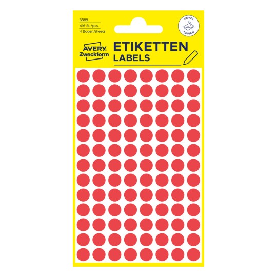 Изображение упаковки: цветные маркерные точки Avery Zweckform, артикул: 3589, формат: ⌀ 8 мм, содержание: 416 маркерных точек / 4 листа, 104 маркерные точки/лист.