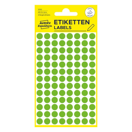 Изображение упаковки: Avery Zweckform цветные маркерные точки, товар: 3592, формат: ⌀ 8 мм, содержание: 416 маркерных точек / 4 листа, 104 маркерные точки/лист?