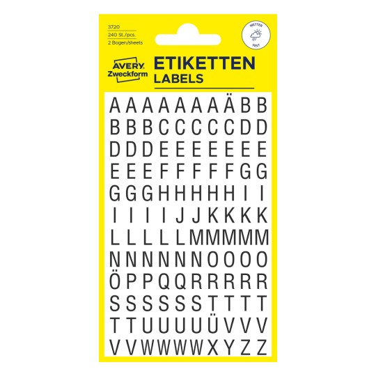 Изображение упаковки: Avery Zweckform Буквы и цифры, Артикул: 3720, Формат: 85 x 160 мм, Содержание: 240 наклеек / 2 листа, 120 наклеек/лист?
