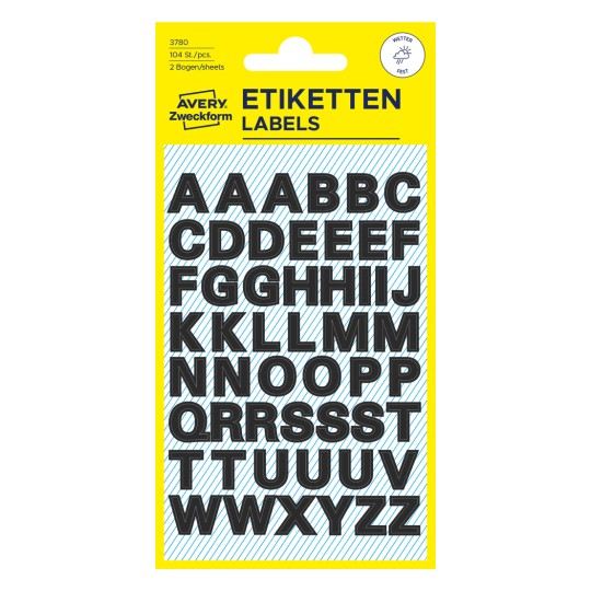 Изображение упаковки: Avery Zweckform Буквы и цифры, Артикул: 3780, Формат: 85 x 160 мм, Содержимое: 104 наклейки / 2 листа, 52 наклейки/лист?